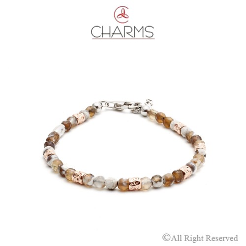 Bracciale Charms Uomo con Agata color sabbia mista e Argento Rosè