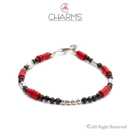 Bracciale Charms Uomo con Corallo Bamboo ,Onice e Argento