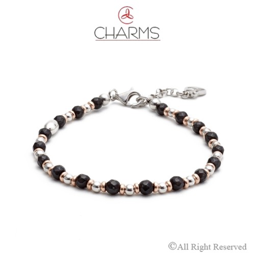 Bracciale Raffinato Charms Linea Uomo Onice Argento e Rosè