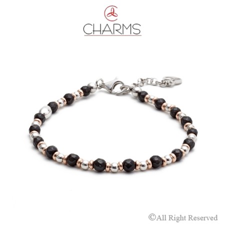 Bracciale Raffinato Charms Linea Uomo Onice Argento e Rosè