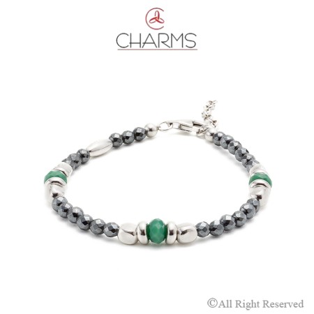 Bracciale Agata Verde Charms con girelli e cubetti Argento